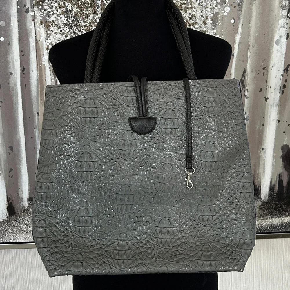 Gray Faux Crocodile-Embossed Dual Braided Top Closure Buckle Large Tote Bag